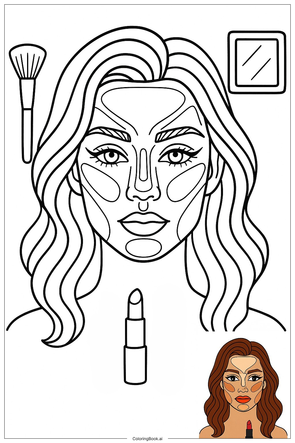  Página para colorear de Cara de Maquillaje con Contorno y Iluminación Detallados 