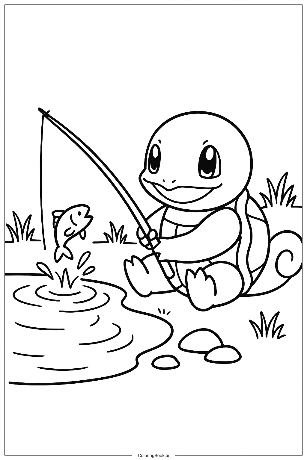  Página para colorear de Squirtle pescando junto a un estanque 