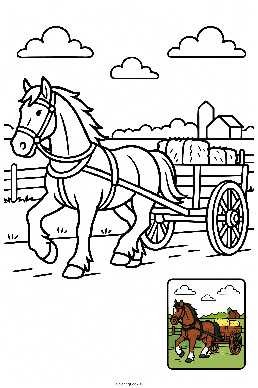  クライドデール馬が農場の荷車を引くの塗り絵ページ 