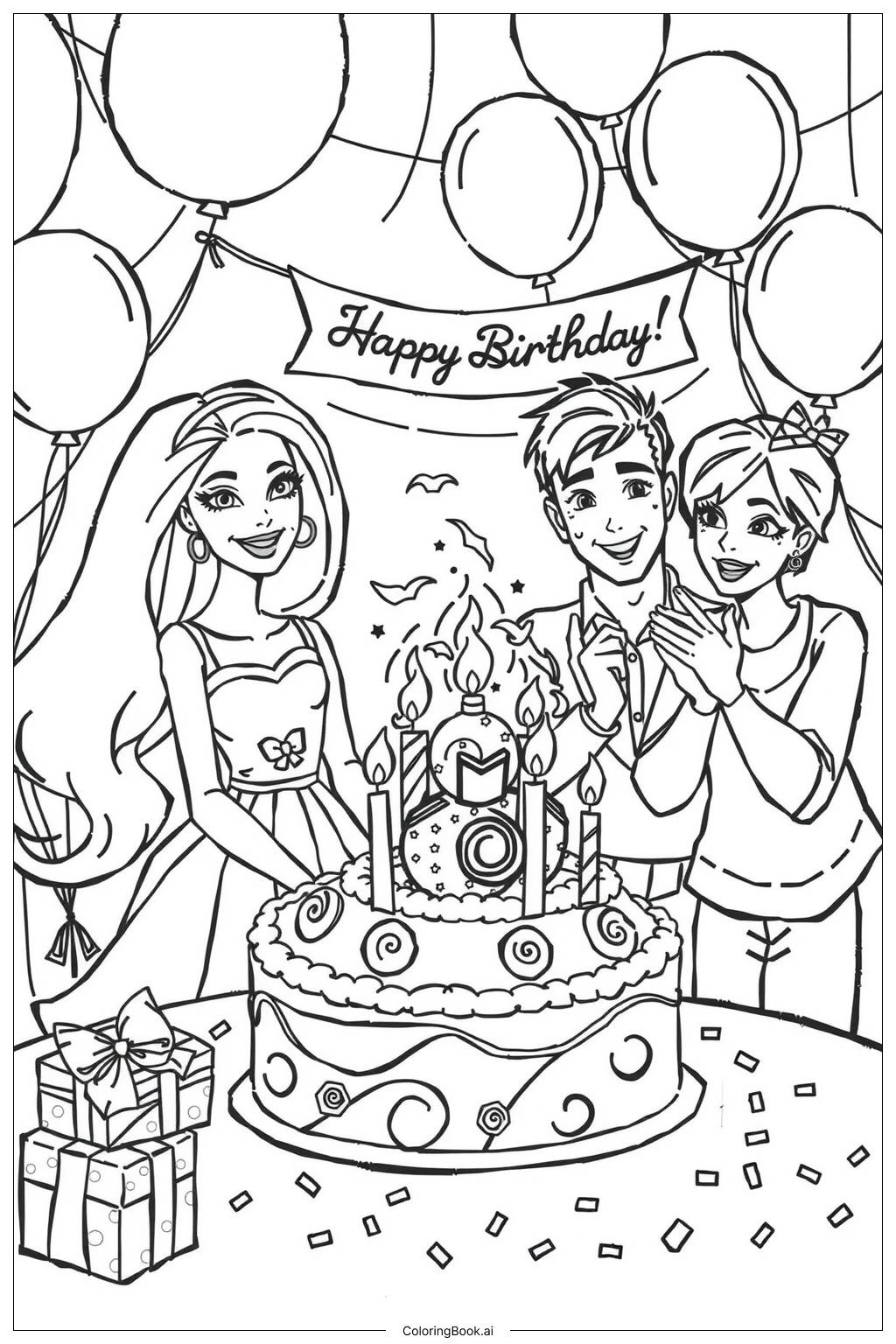  Página para colorear de familia barbie celebrando una fiesta de cumpleaños 