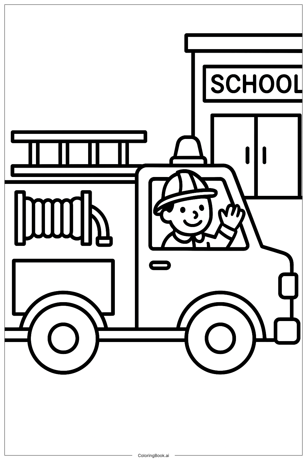  Page de coloriage Camion de pompiers en visite à l'école 
