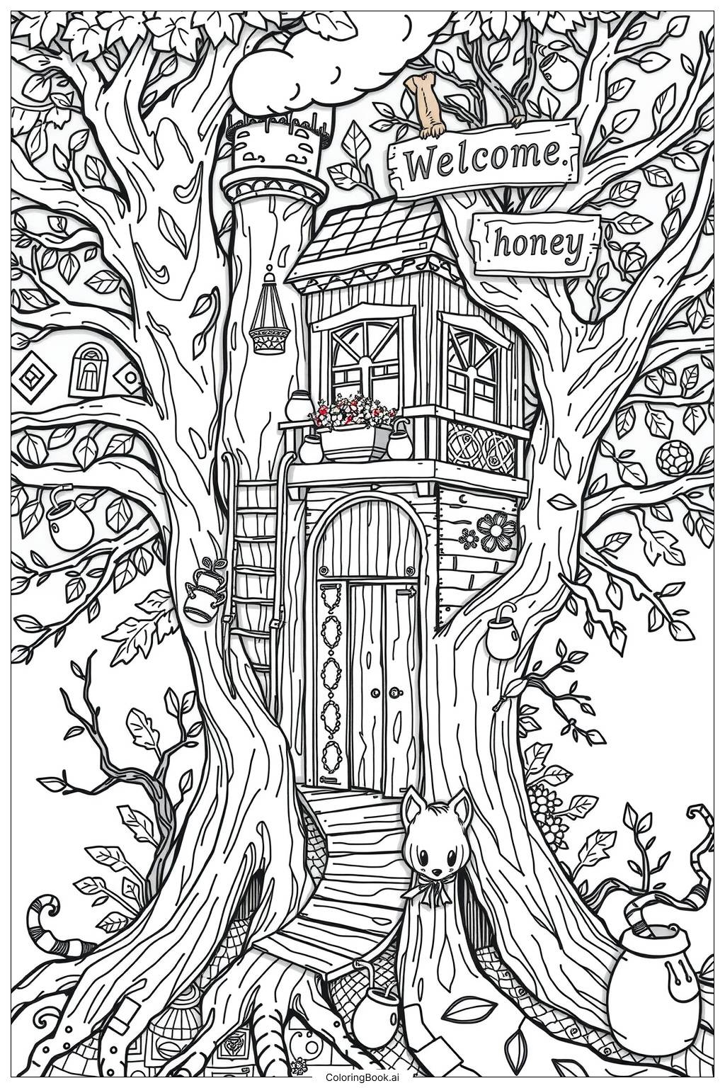  Página para colorear de la casa del árbol de Winnie the Pooh 