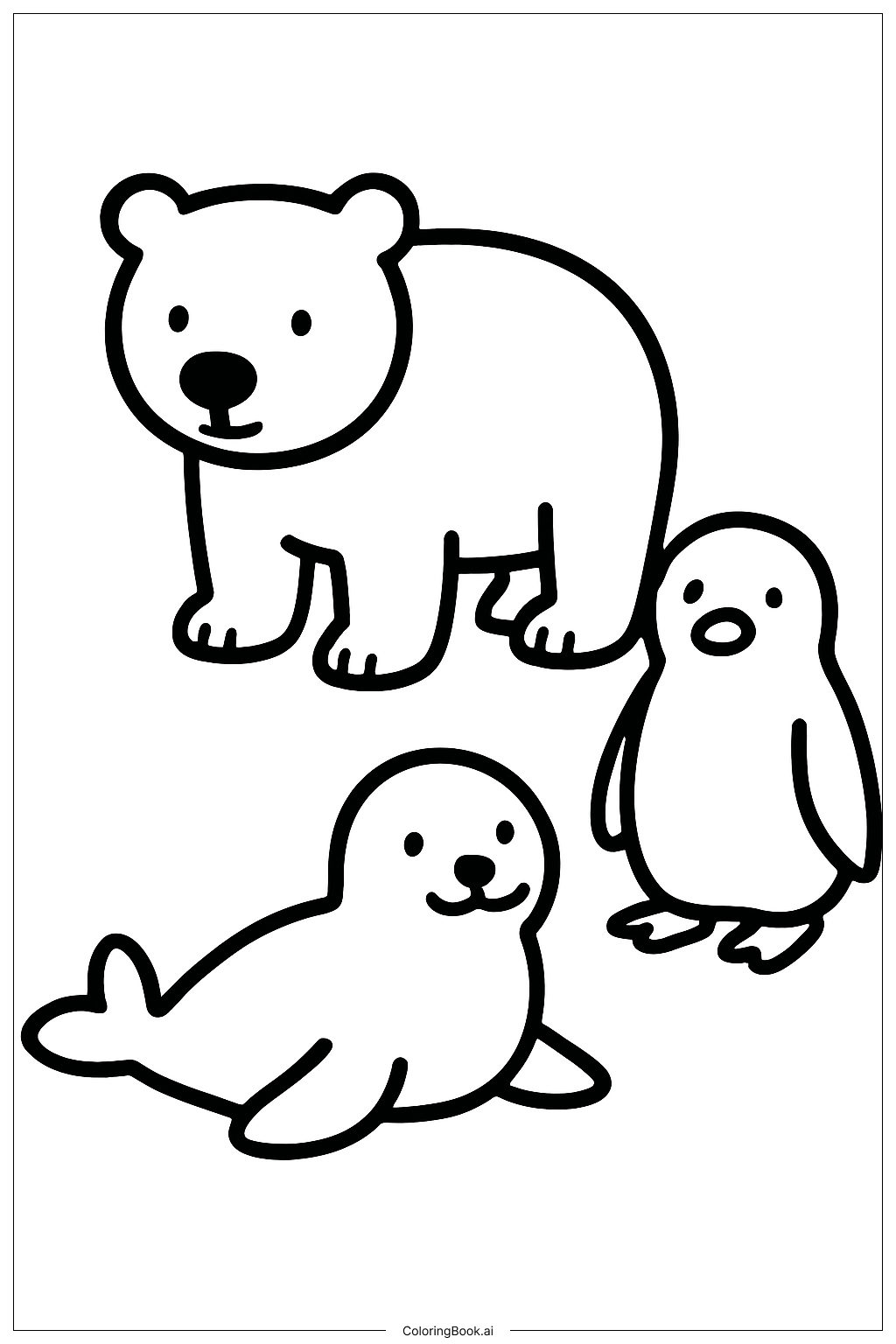  幼児向け北極動物の大きな輪郭の塗り絵ページ 