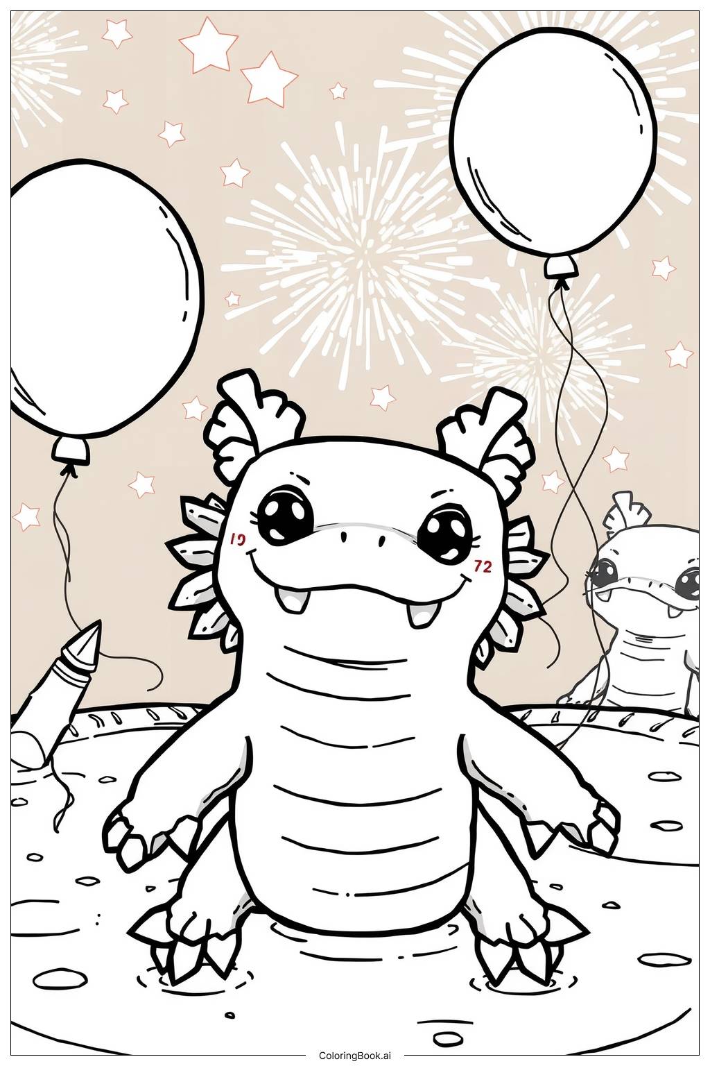  Page de coloriage Axolotl de Minecraft nageant dans une célébration du Nouvel An 