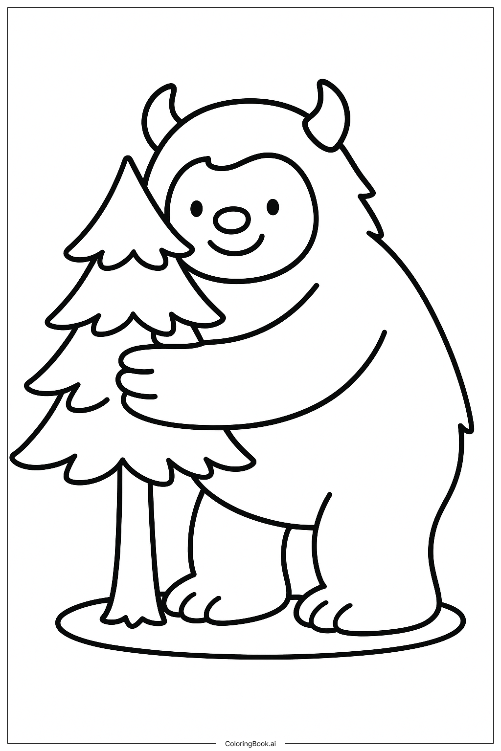 Page de coloriage Yéti serrant un petit arbre 
