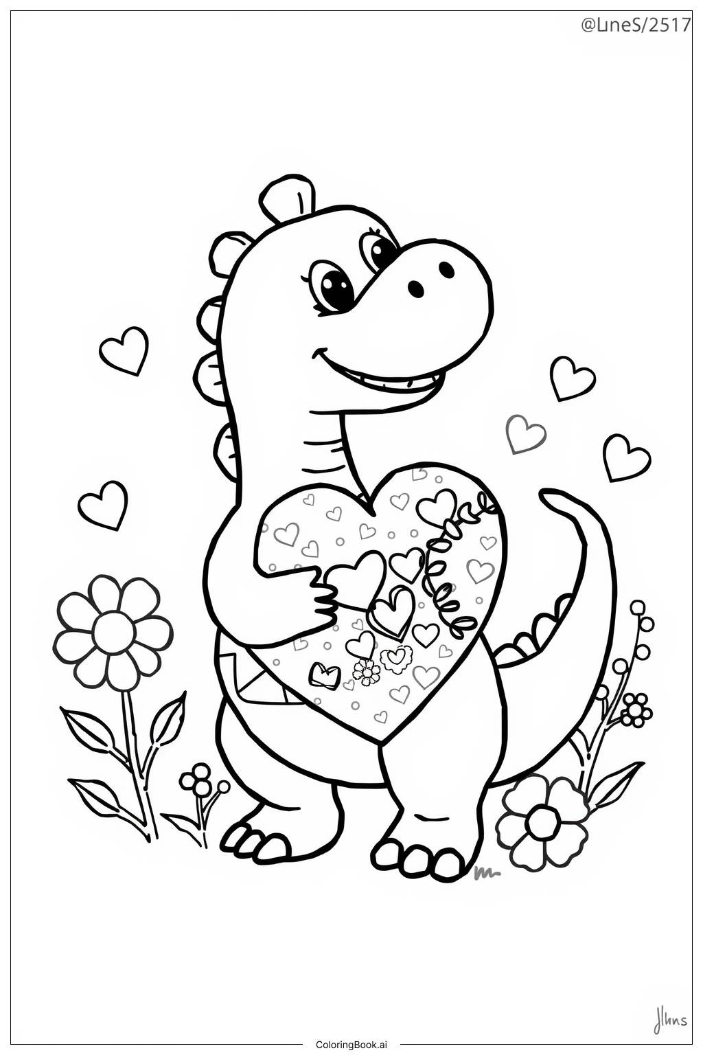  Dinosaur Valentine Heart Coloring Page 