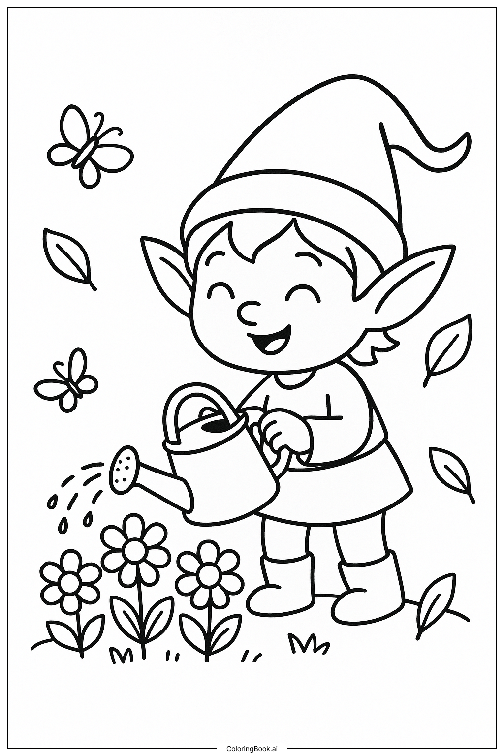  Página para colorir de Um Duende do Jardim Regando Flores 