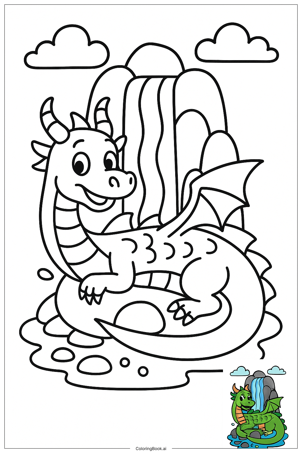  ドラゴンが守る聖なる滝の塗り絵ページ 