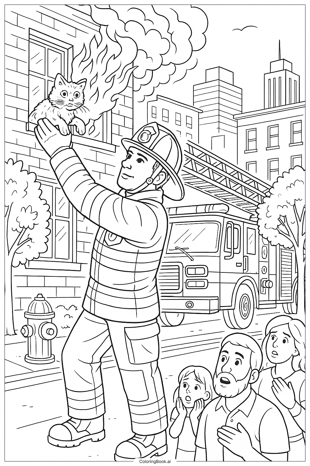 消防员救猫消防安全填色页