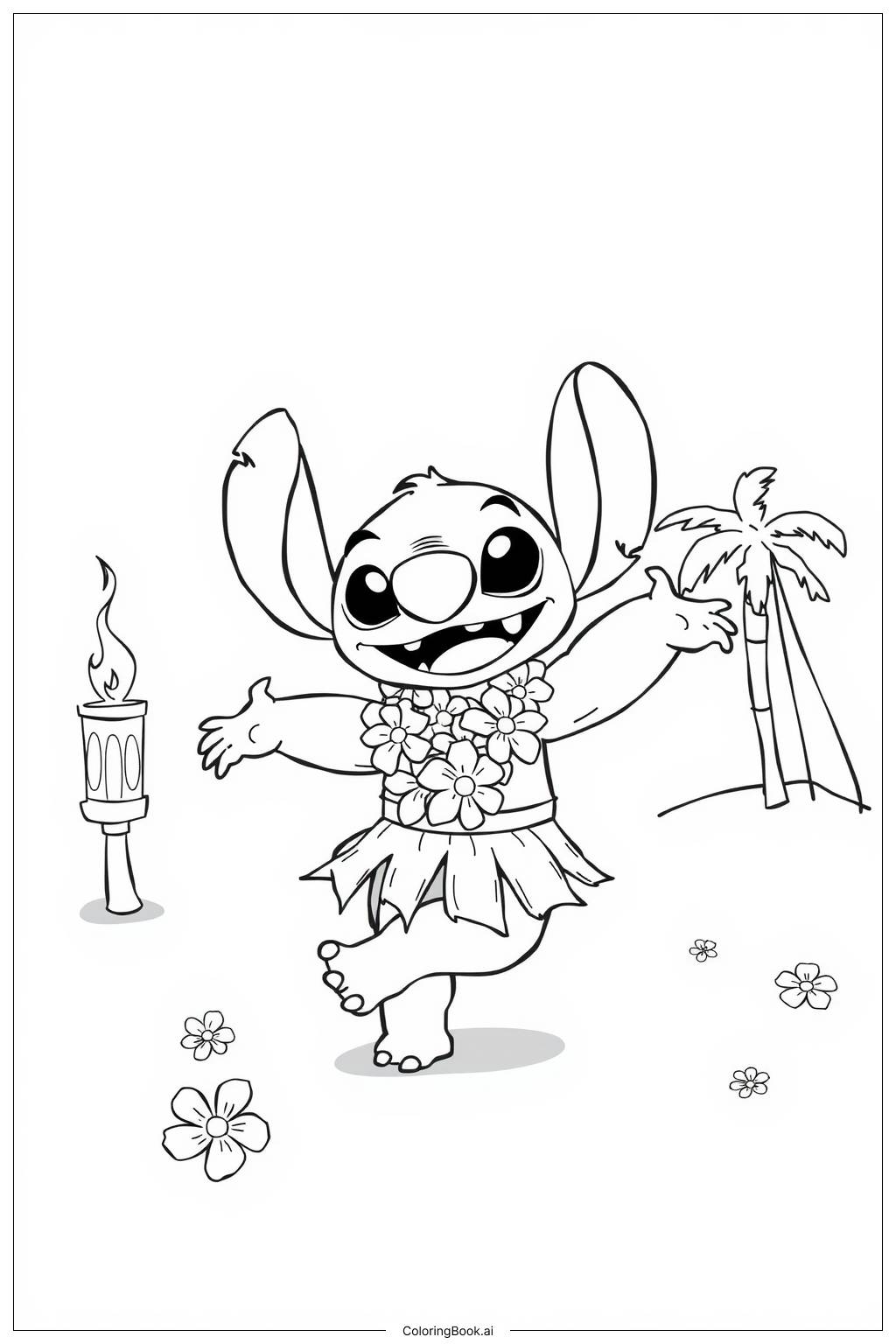  Página para colorear de Stitch Bailando en un Luau Hawaiiano 