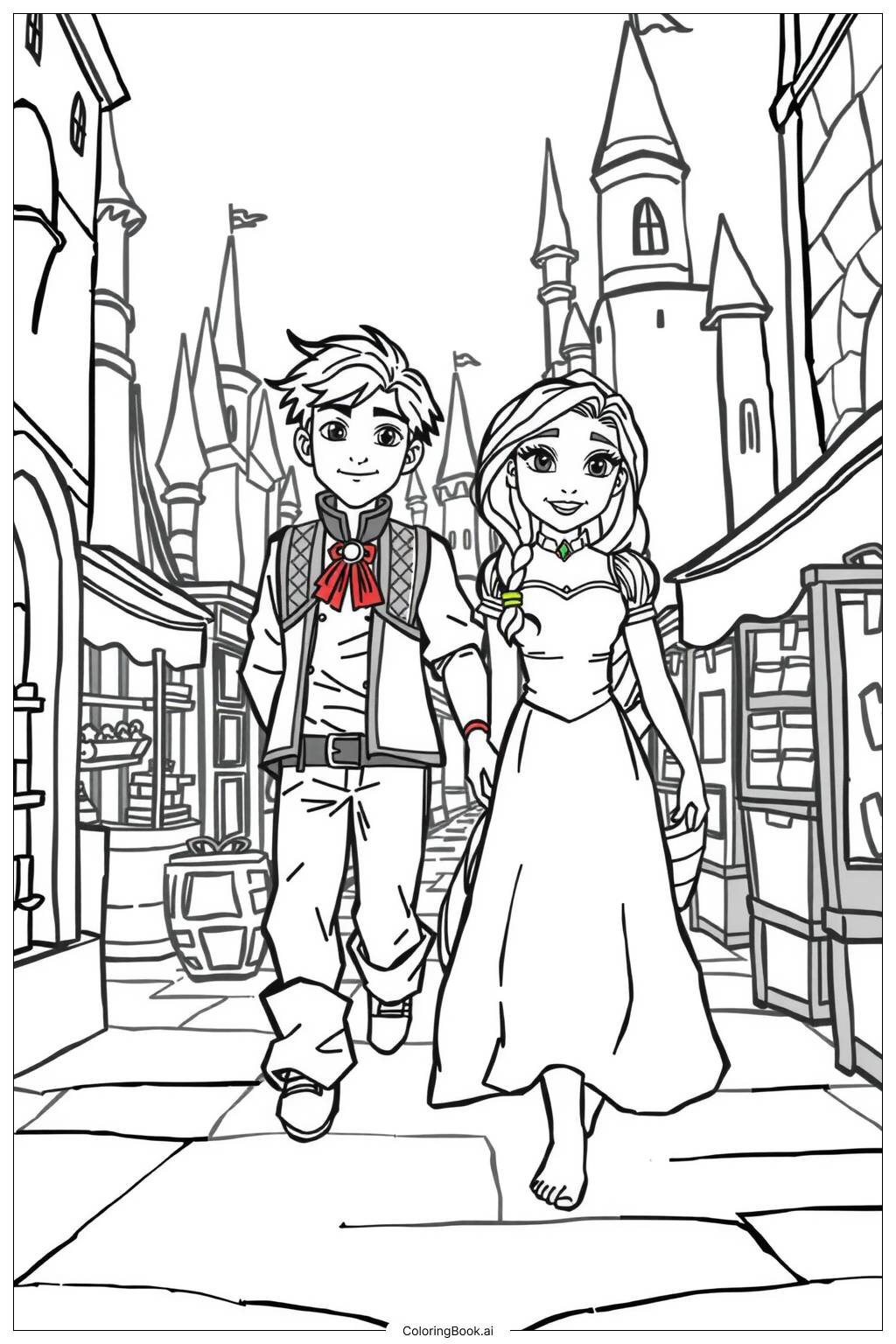  Página para colorir de Rapunzel e Flynn Explorando o Reino 