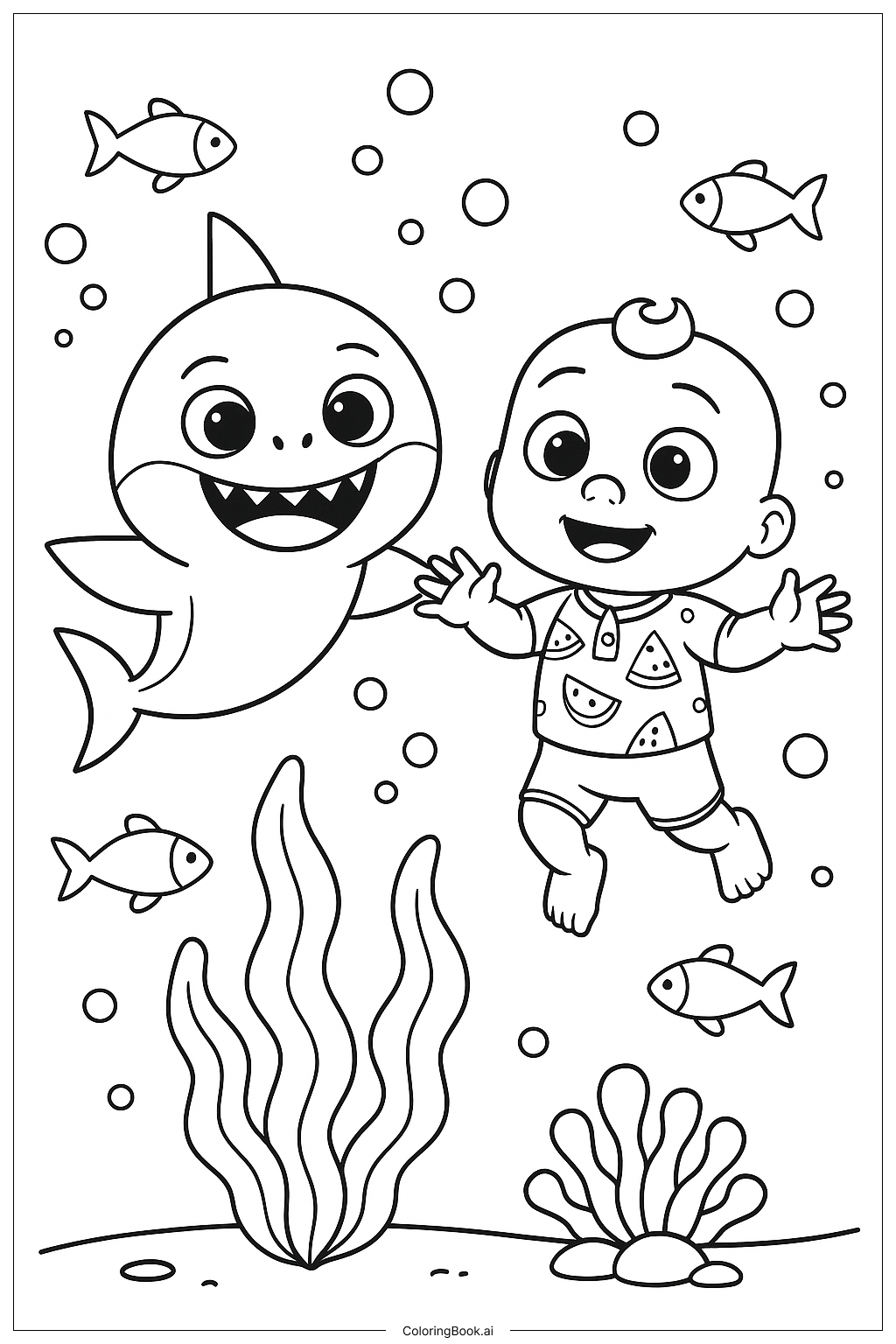  ベビーシャークとココメロンの海の中の塗り絵ページ 