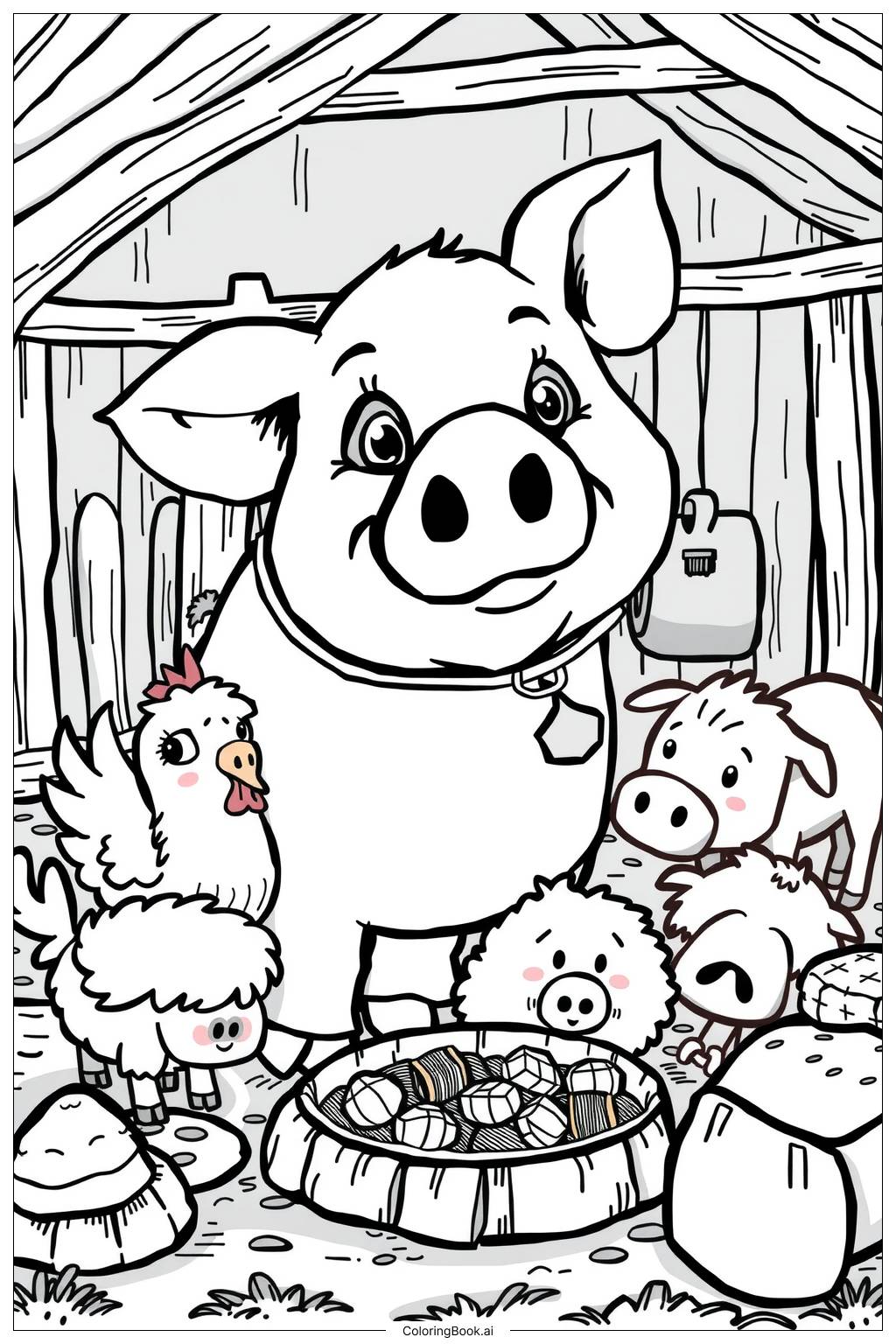  Pig on a Farm with Barn Animals -2 Coloring Page 