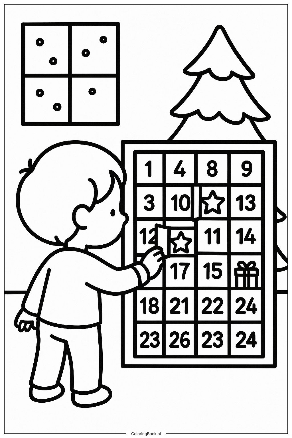  어린이가 대림절 문을 여는 모습 색칠공부 페이지 