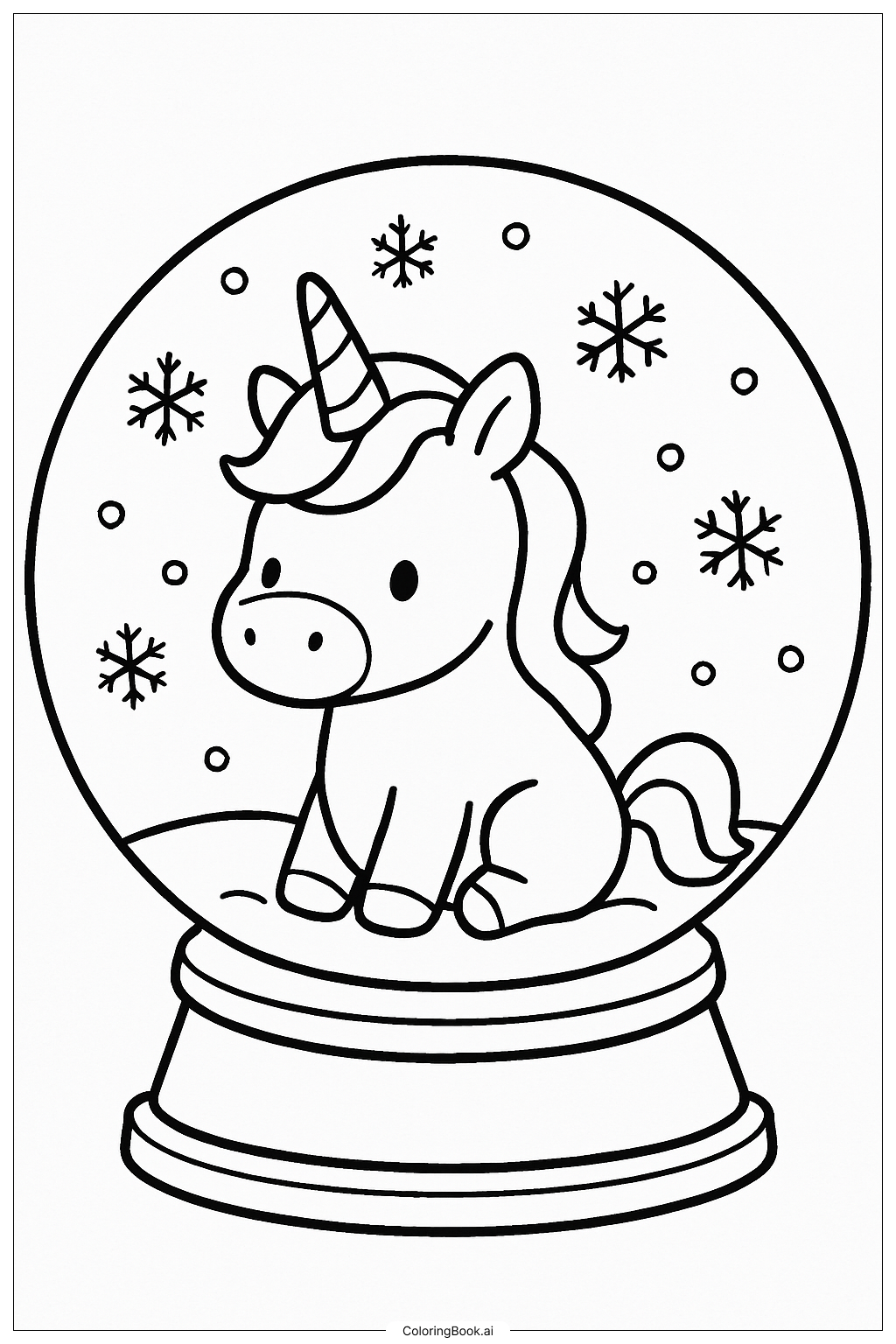 ユニコーンのスノーグローブアドベンチャーの塗り絵ページ