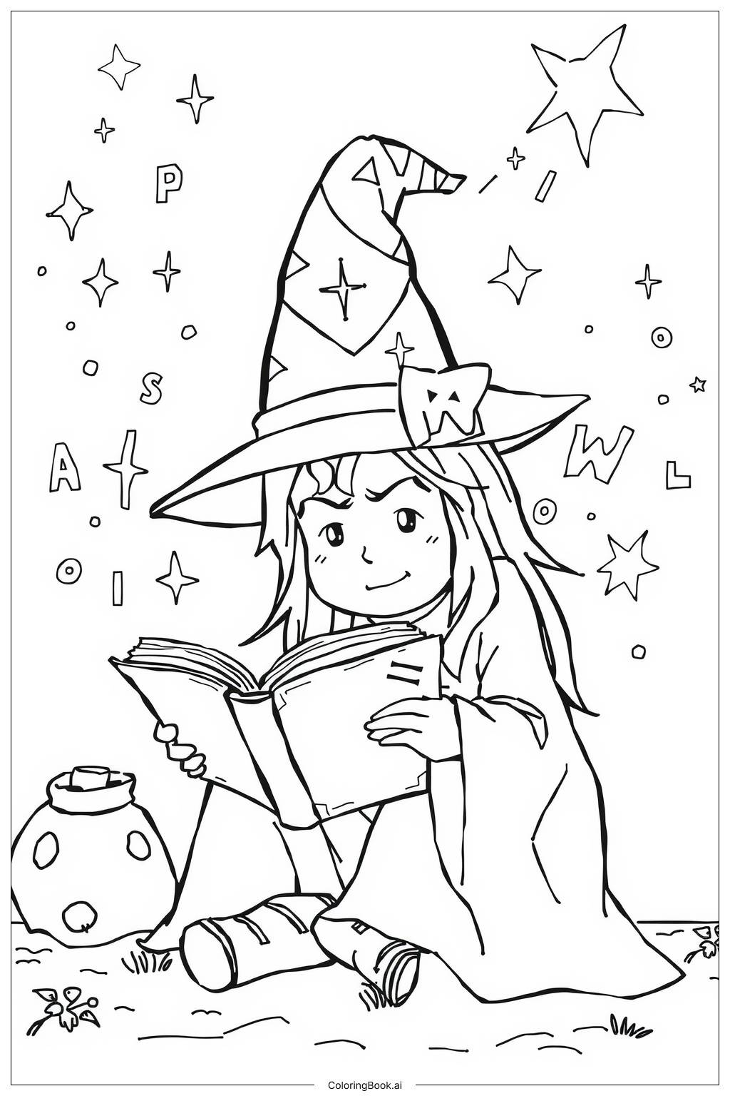  Page de coloriage sorcière lisant un grimoire 