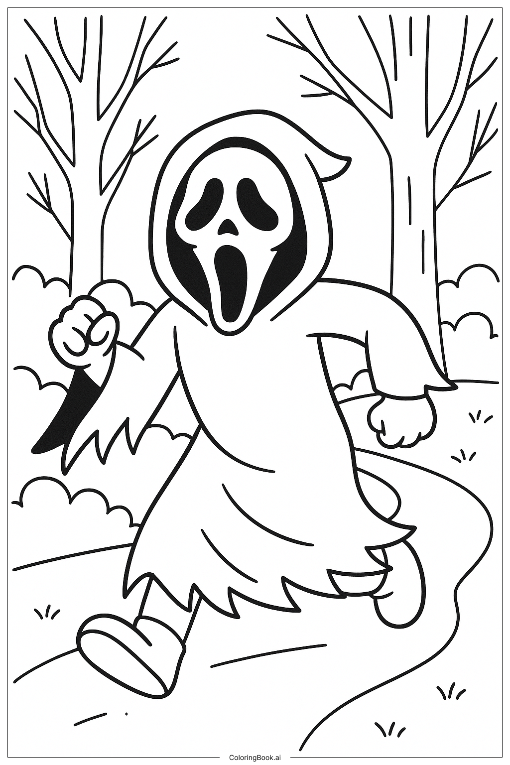  Página para colorear de Ghostface corriendo por el bosque 