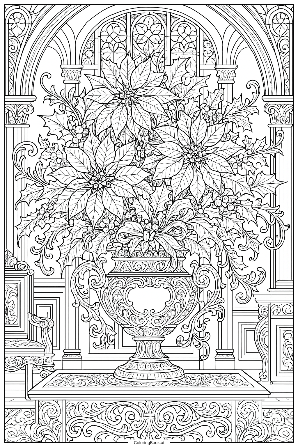 Victorian Era Poinsettia Arrangement Coloring Page