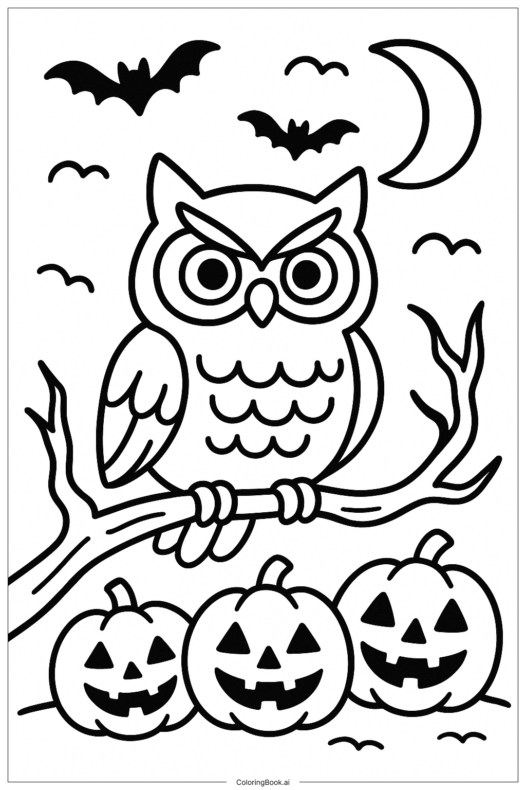  Eine Halloween-Eule 2025 auf einem gruseligen Ast Ausmalseite 