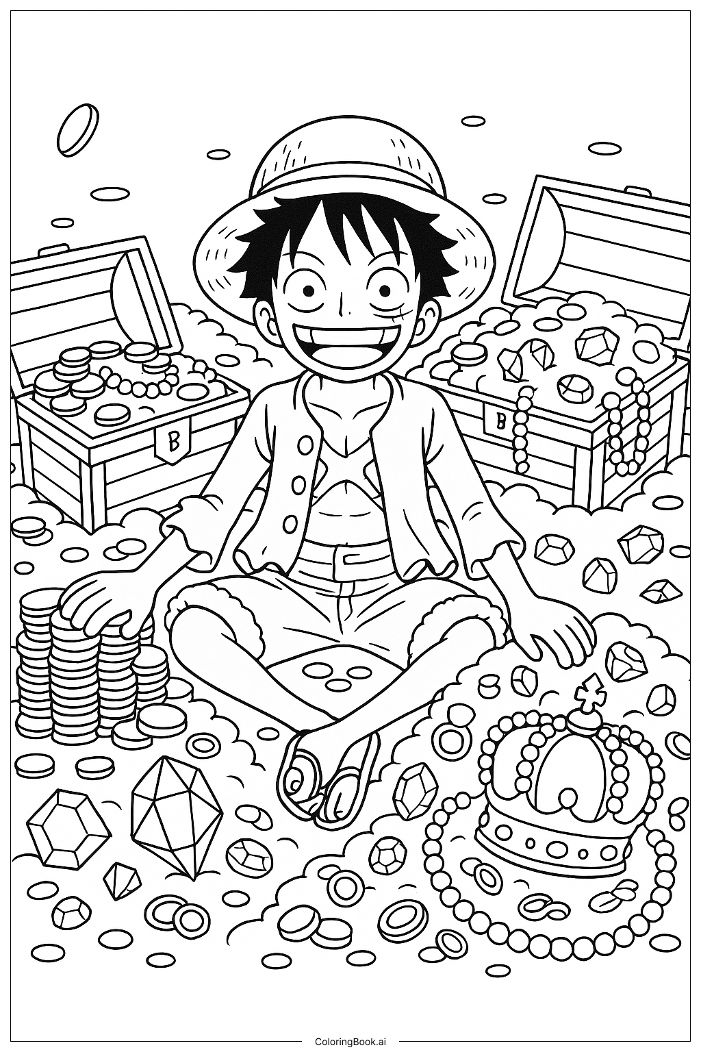  宝物に囲まれたルフィの塗り絵ページ 
