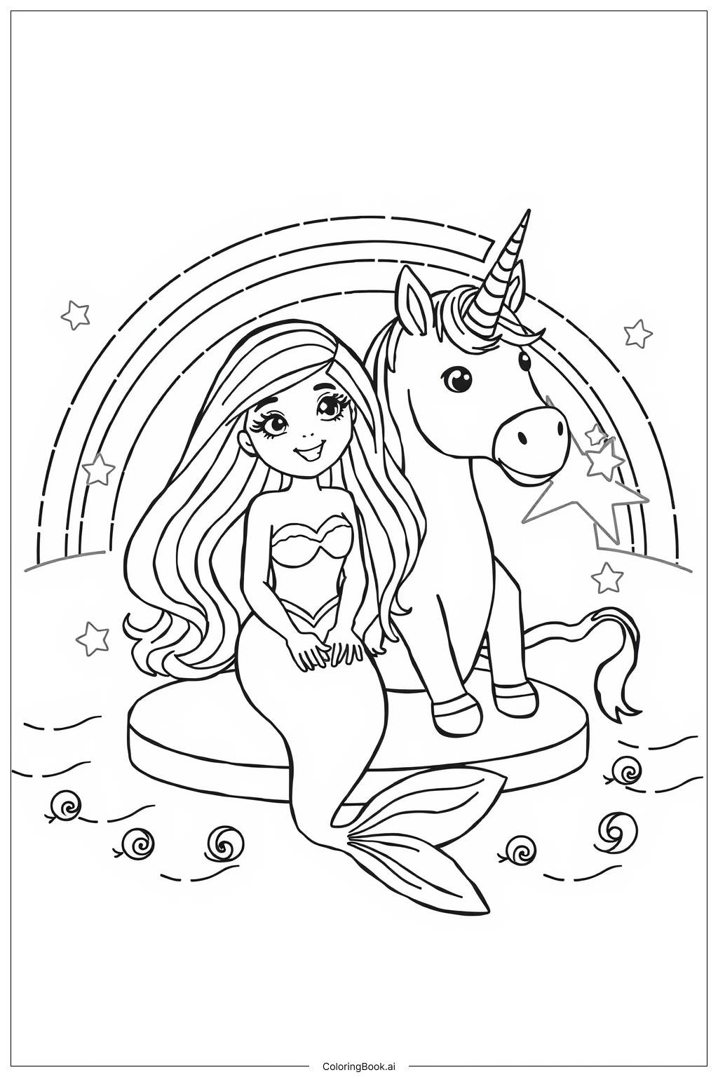  Página para colorear de La historia de la sirena y el unicornio 