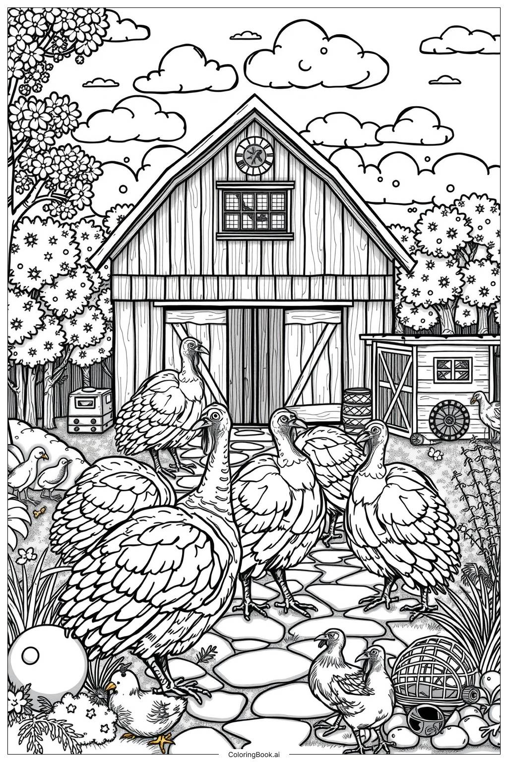  Turkey Farm Scene Coloring Page 