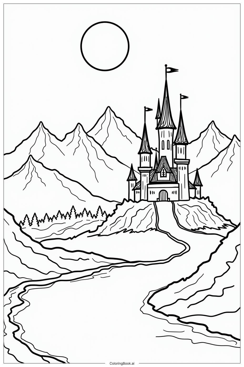  Página para colorir de Castelo da Elsa Paisagem do Frozen 