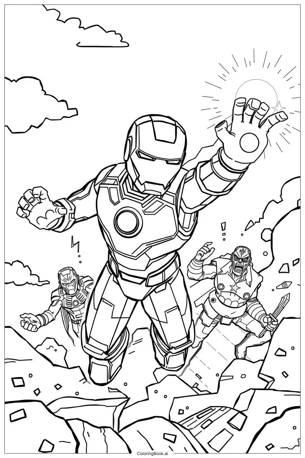  Página para colorear de Iron Man Luchando contra Villanos en el Cielo 