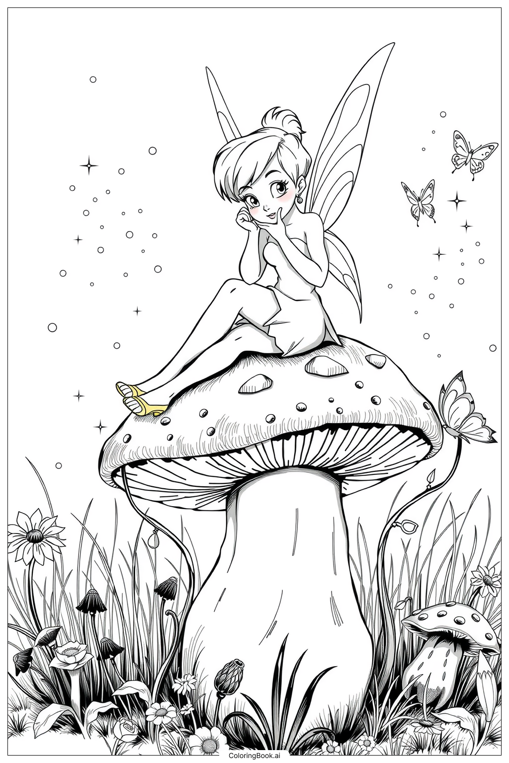 팅커벨이 버섯 위에 앉아있기-2 색칠하기 페이지 (무료 PDF\u0026PNG 인쇄 가능), image size:1024x1536