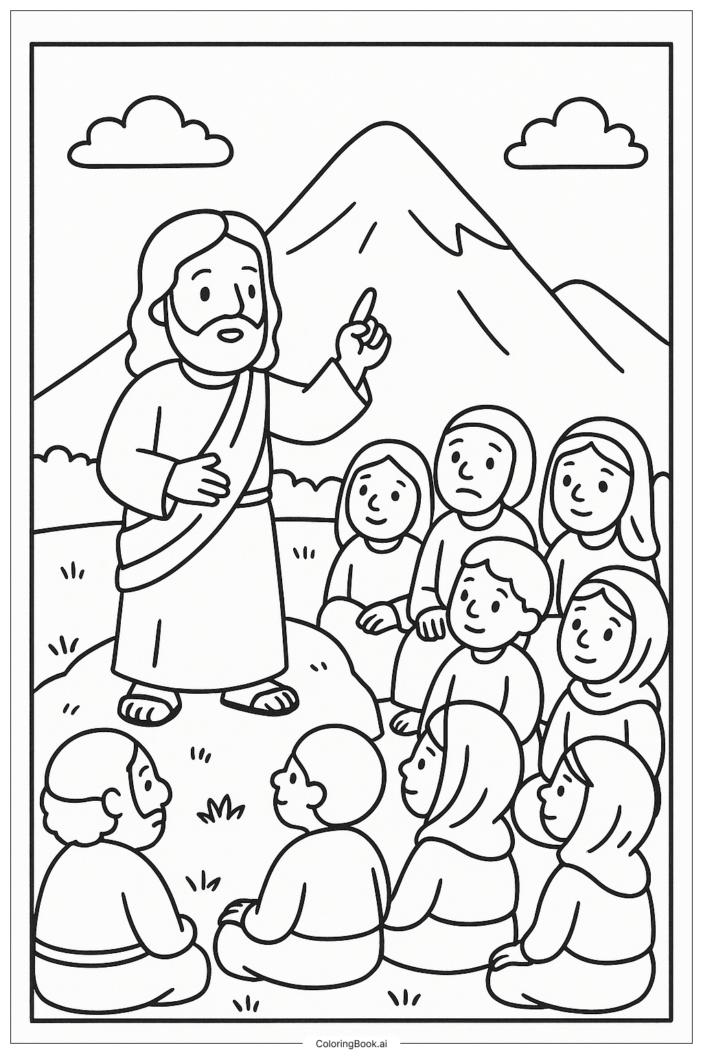  Página para colorear de El Sermón del Monte con Jesús y la Multitud 