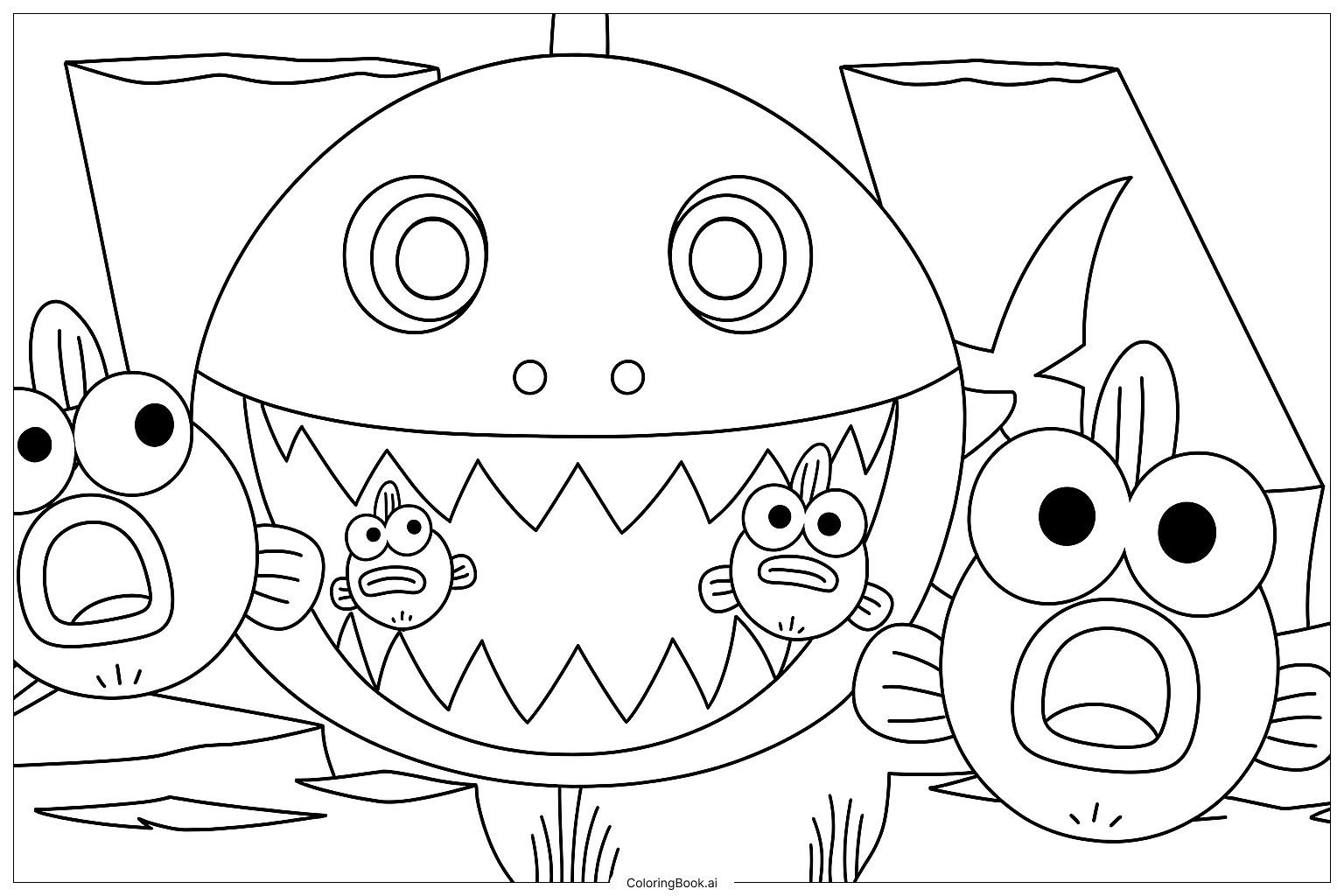  魅力的なベビーシャークファミリーの塗り絵ページ 