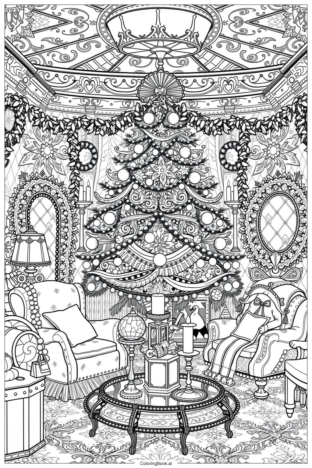  Christmas Tree Family Gathering Coloring Page 