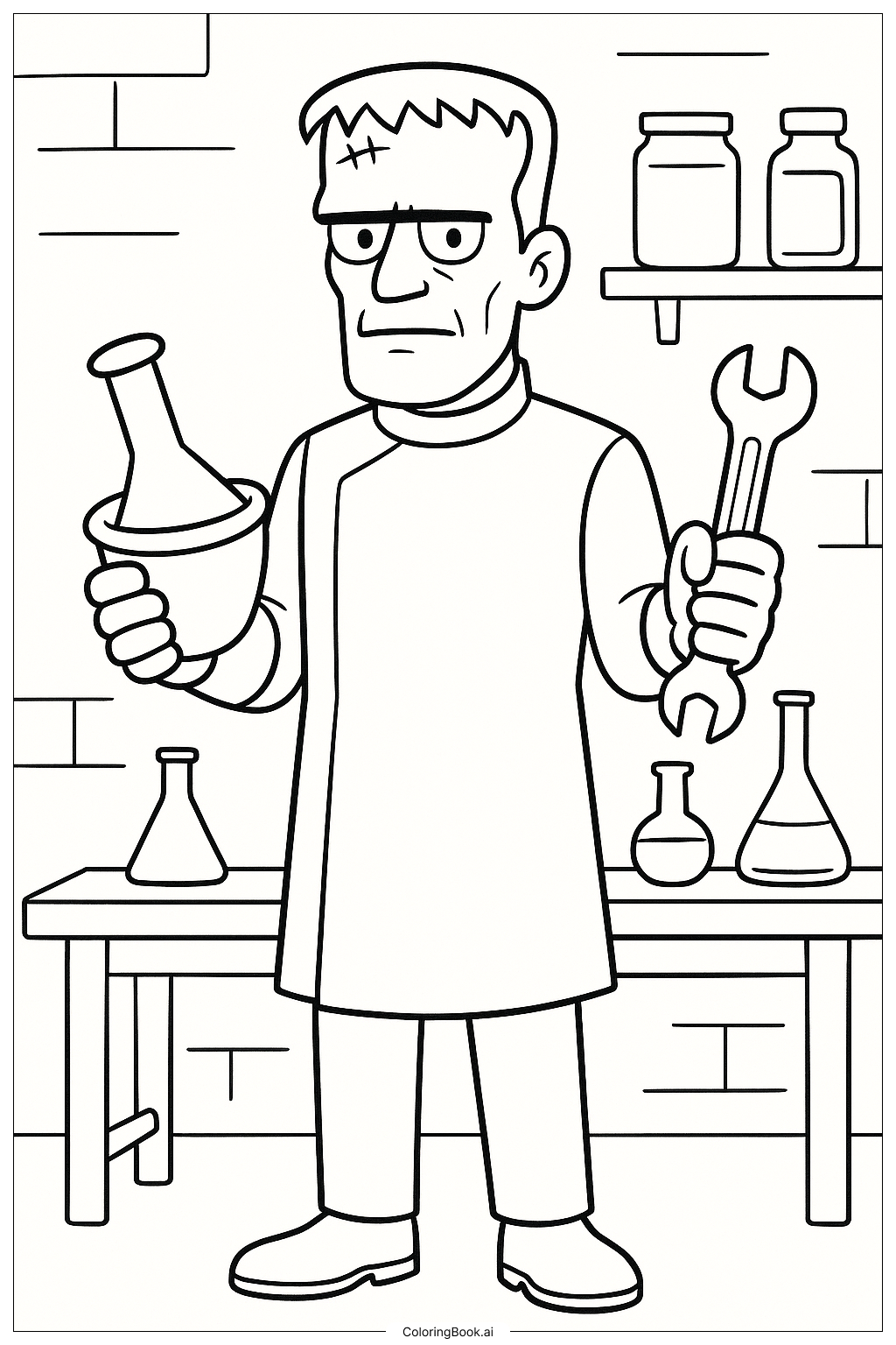  Dr. Frankenstein mit seinen Werkzeugen Ausmalseite 