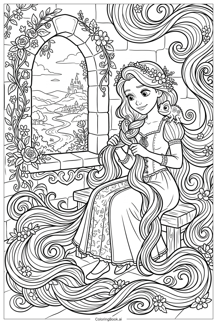  ディズニープリンセスの長い髪を窓辺で三つ編みにしている姿の塗り絵ページ 
