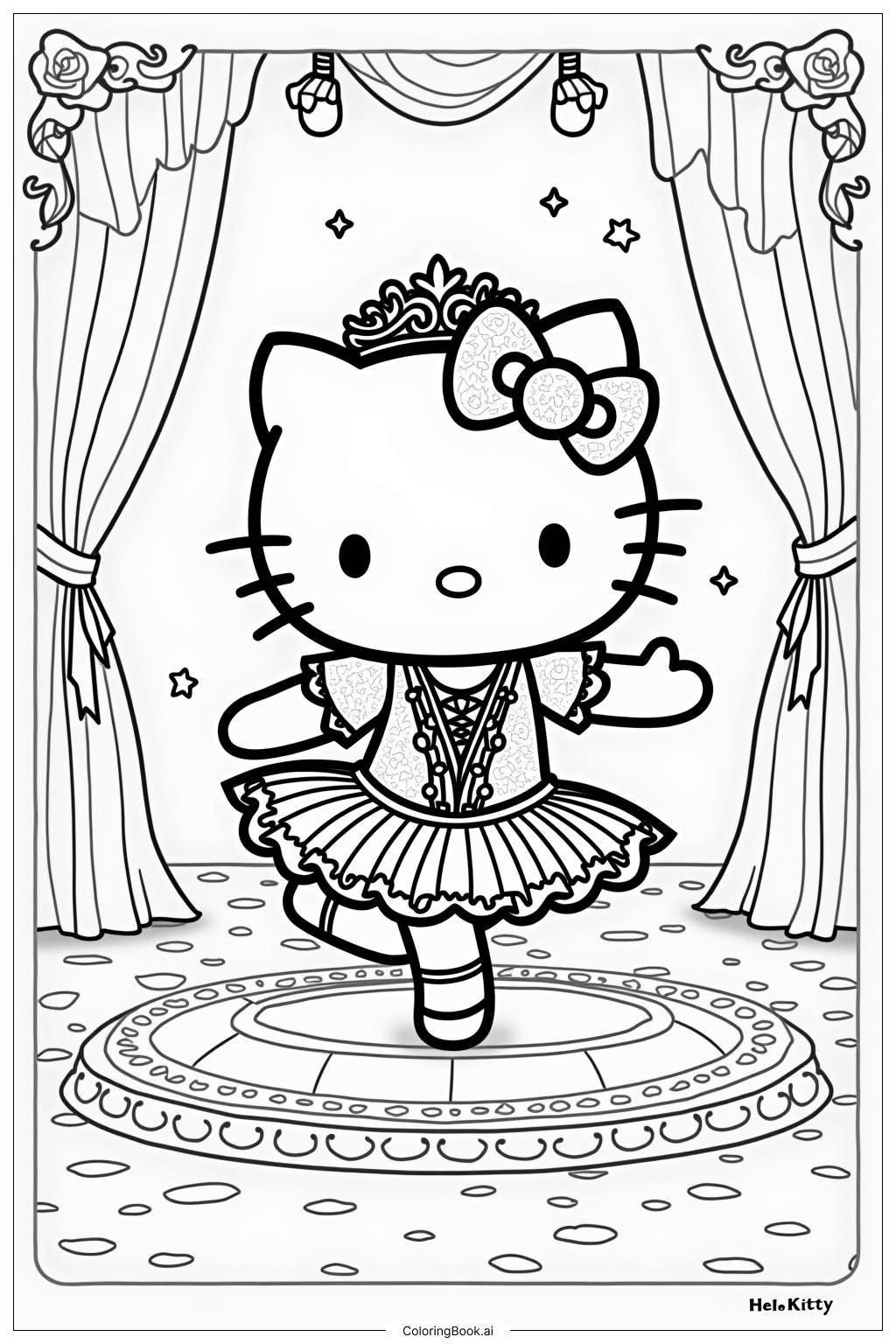  Página para colorir de Hello Kitty Bailarina com uma Tiara Brilhante 