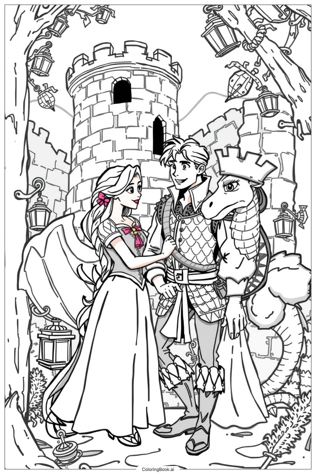  Página para colorir de Rapunzel e Flynn Encontrando um Dragão 