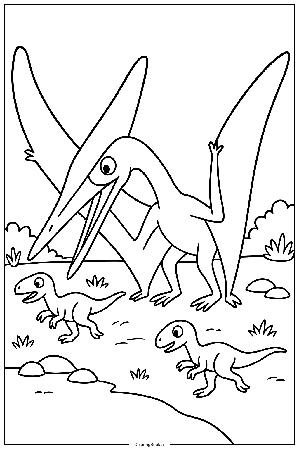  Página para colorir de Quetzalcoatlus Caçando Pequenos Dinossauros 