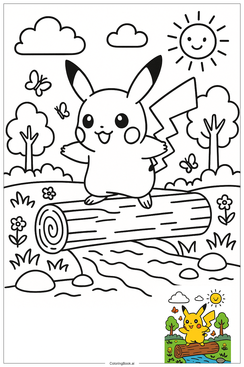  Pikachu Balancing On A Log Bridge Coloring Page 