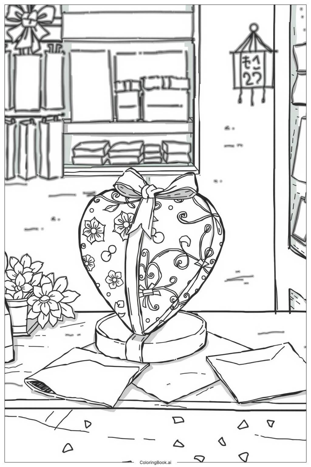  Page de coloriage Boîte Cadeau en Forme de Cœur Surprise 