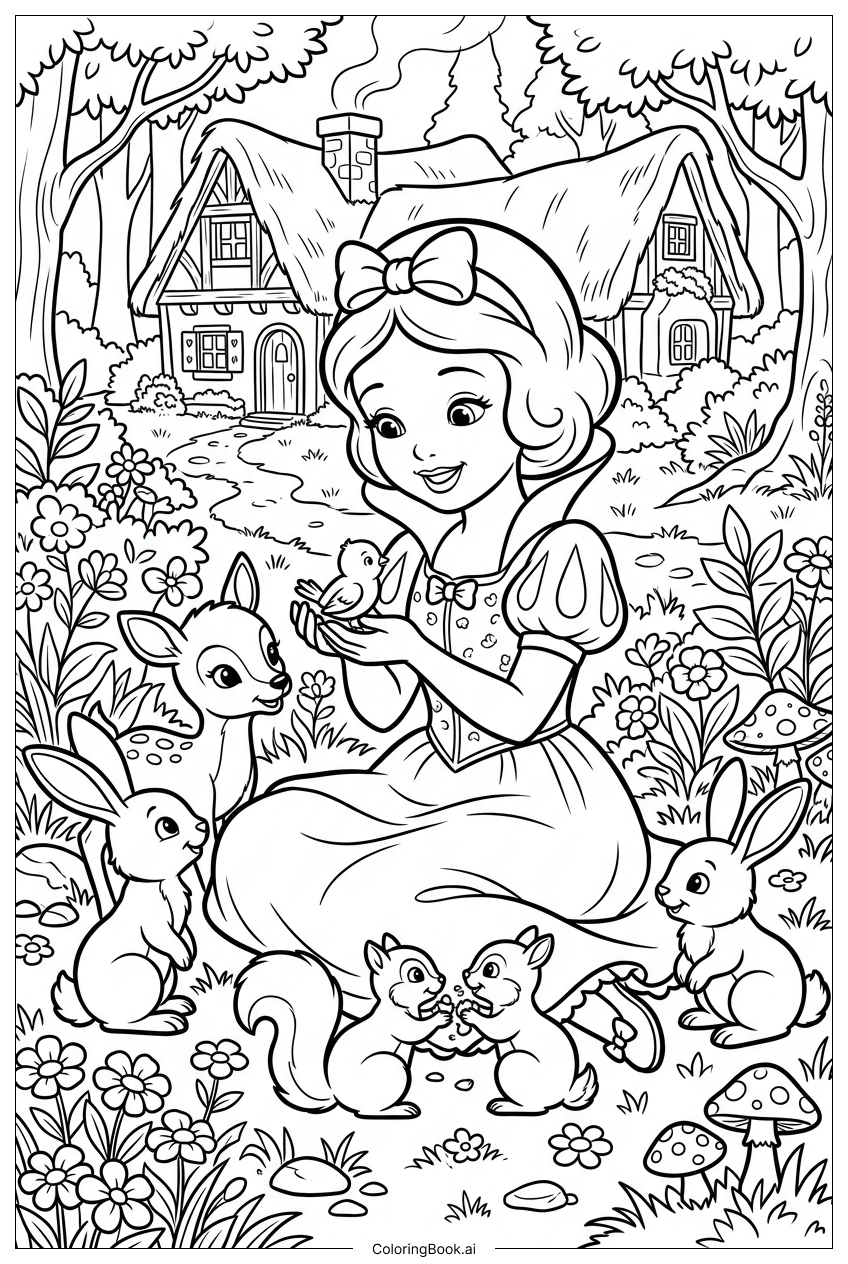  ディズニープリンセスと動物たち、小人の家での塗り絵ページ 