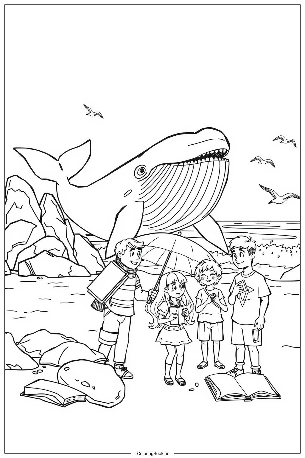  Page de coloriage Histoire de baleine avec des enfants au bord de la mer-2 