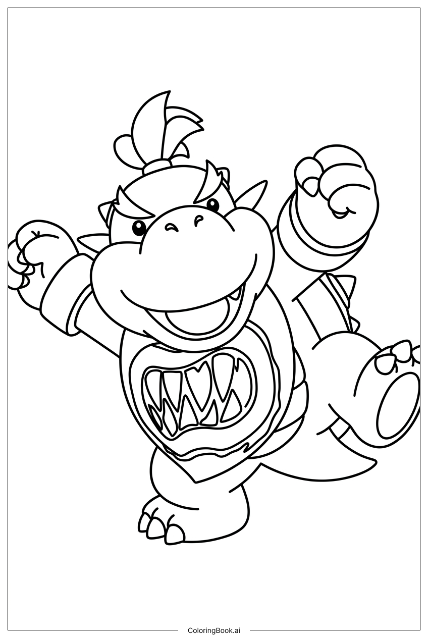 ファイティングポーズで拳を握りしめて前に突進するクッパJr.の塗り絵ページ