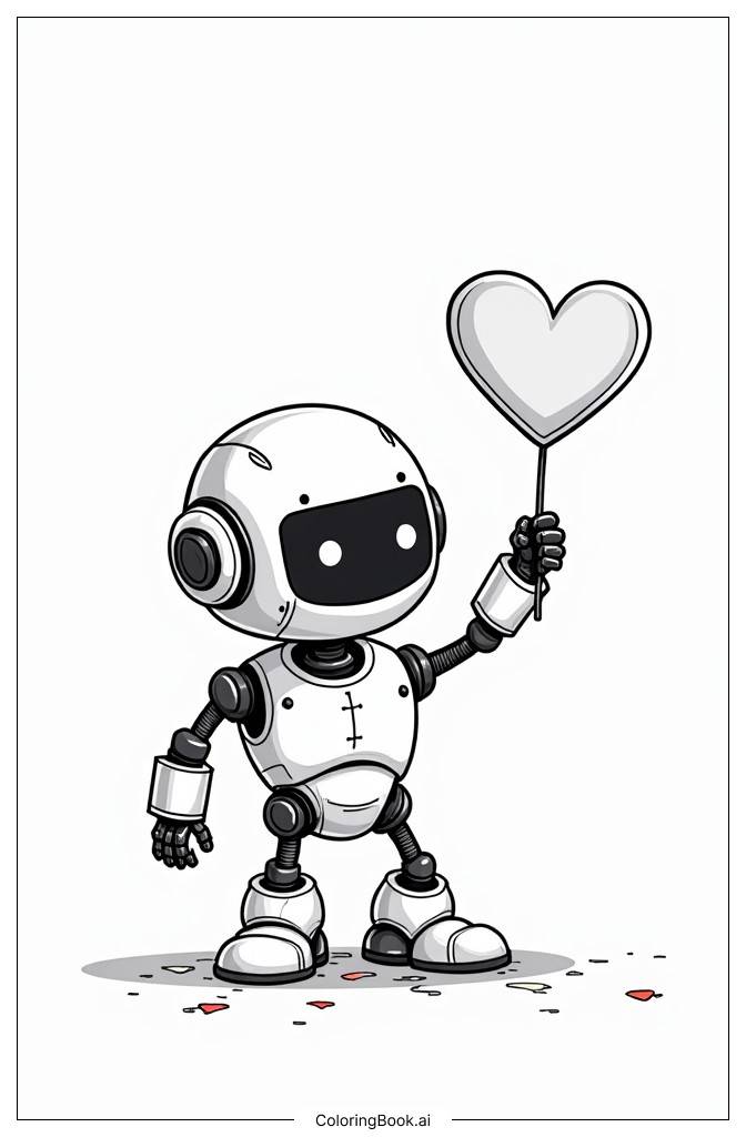  Página para colorear de Robot preparando una sorpresa para el Día de San Valentín 