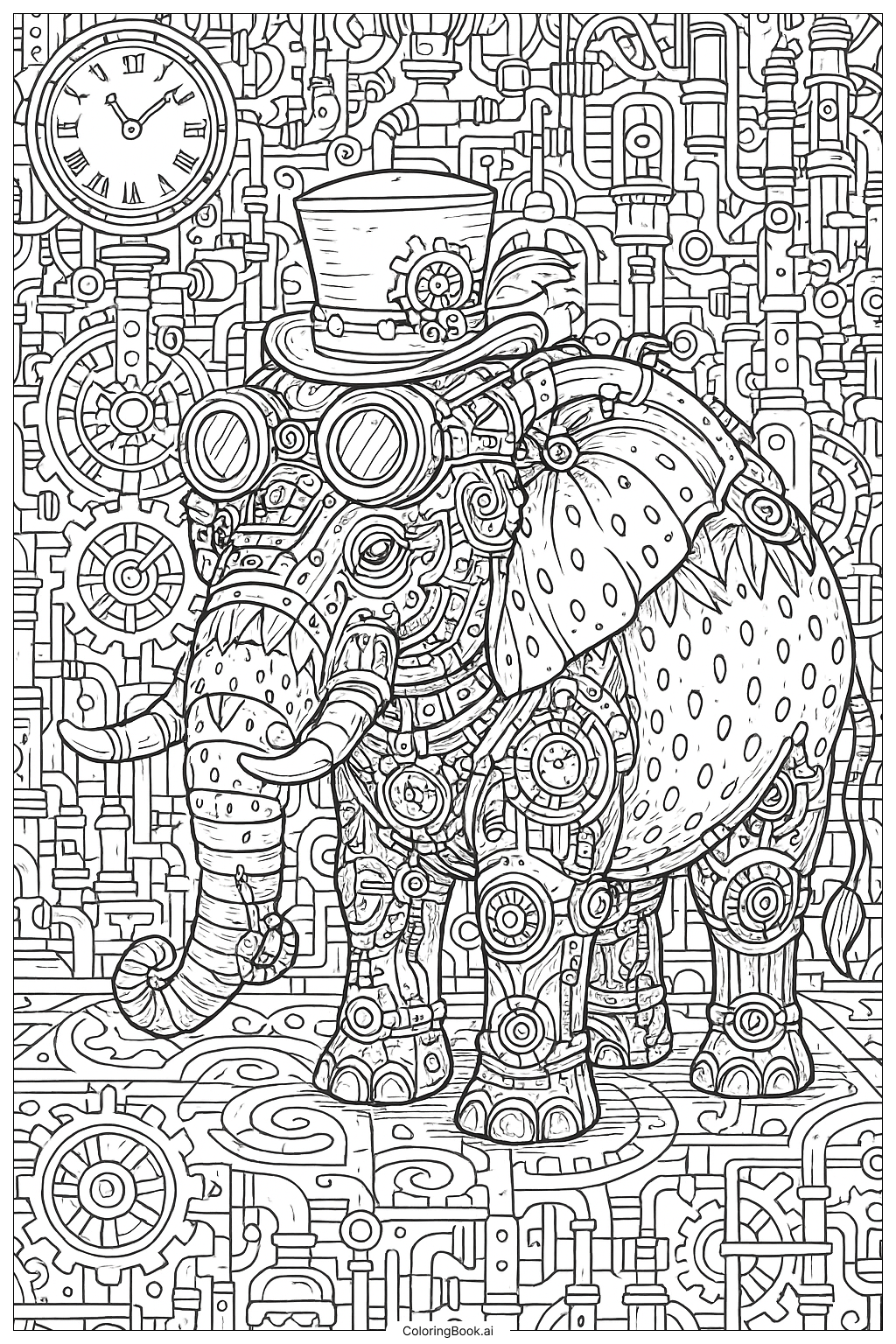  一个带齿轮的蒸汽朋克草莓大象填色页 