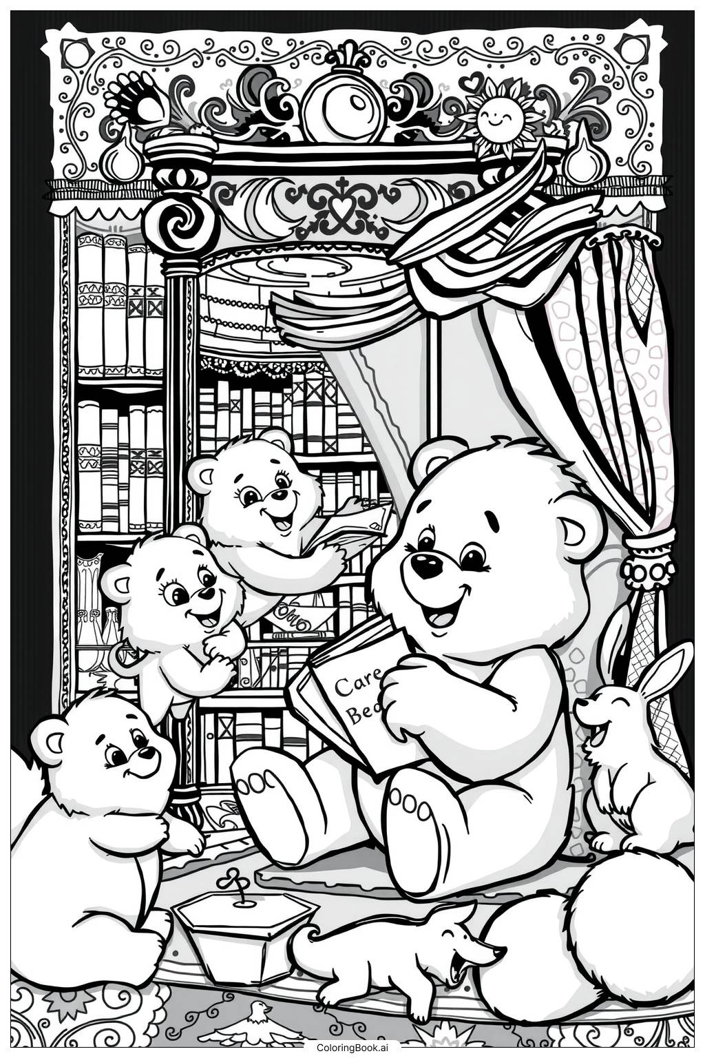  Página para colorear de Care Bear leyendo una historia a sus amigos 