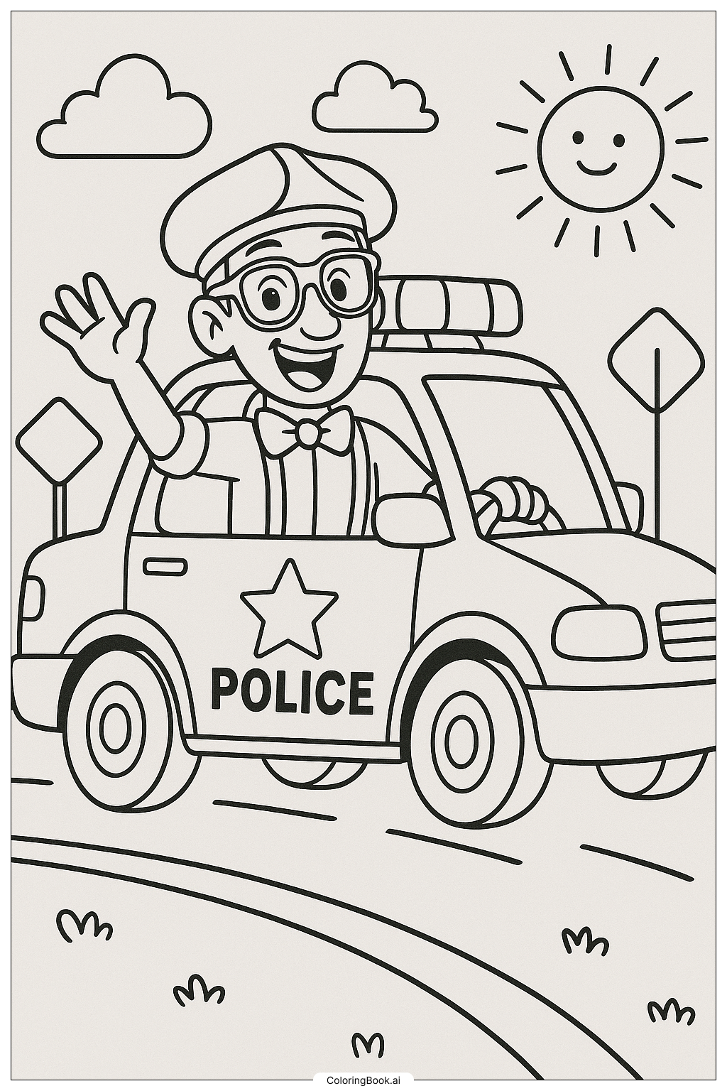  警察の車に乗るブリッピの塗り絵ページ 