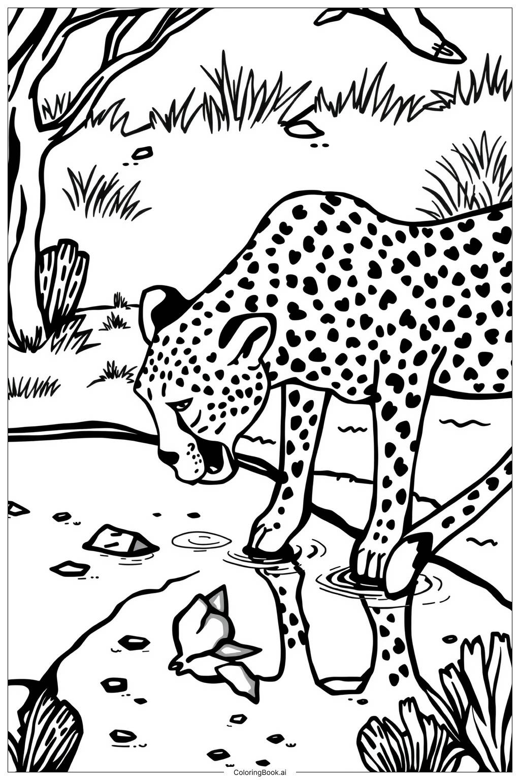  Page de coloriage guépard buvant de l'eau 