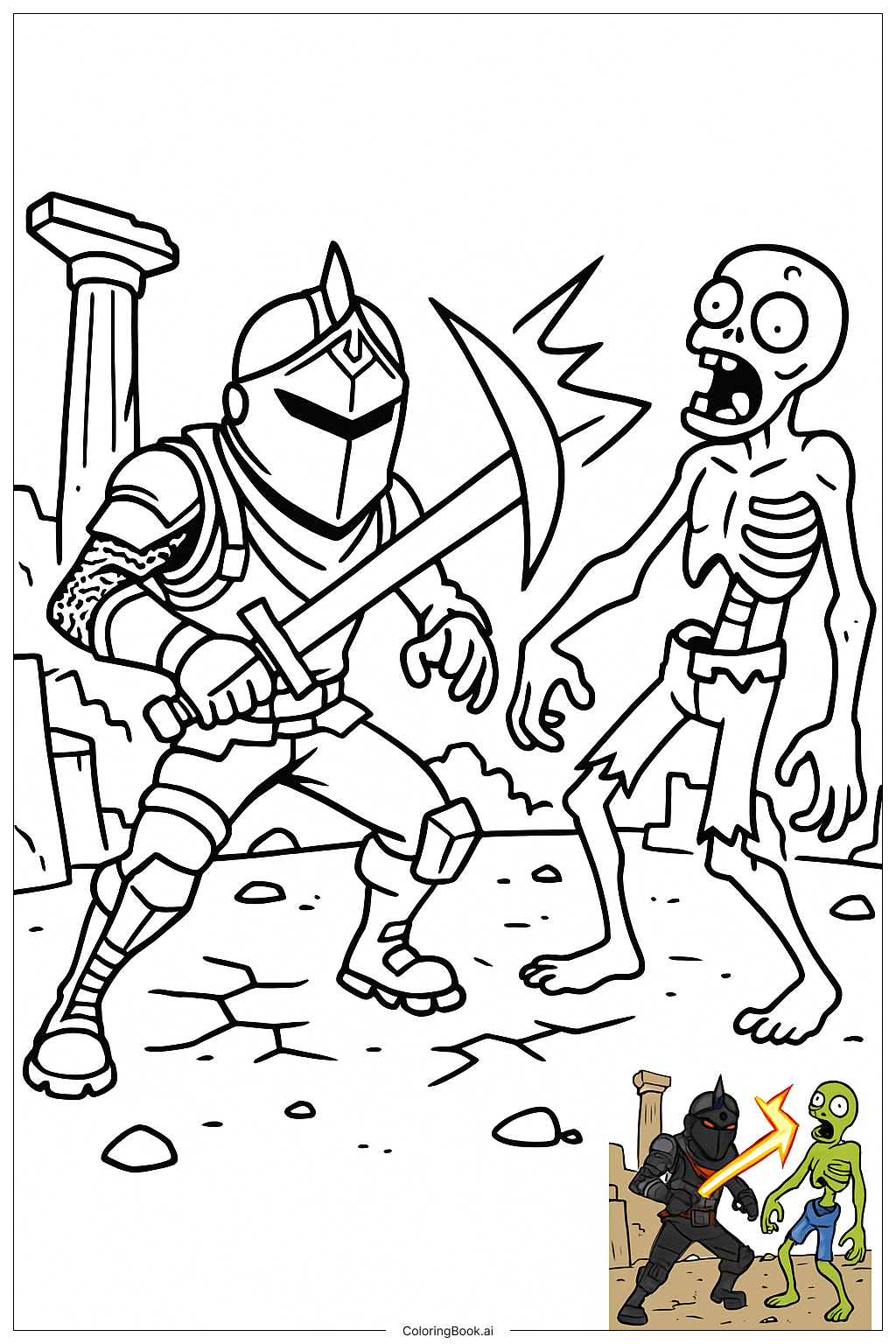  Fortnite Schwarzer Ritter kämpft gegen Zombie Ausmalseite 