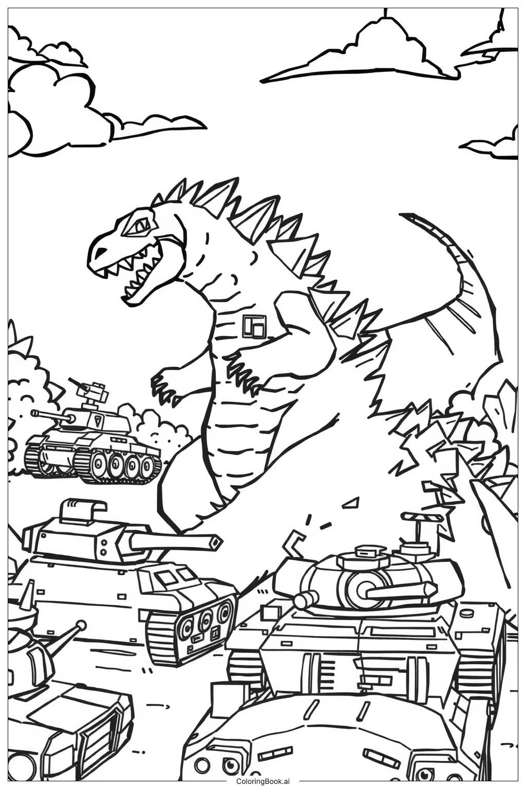  Página para colorir de godzilla vs tanques militares 