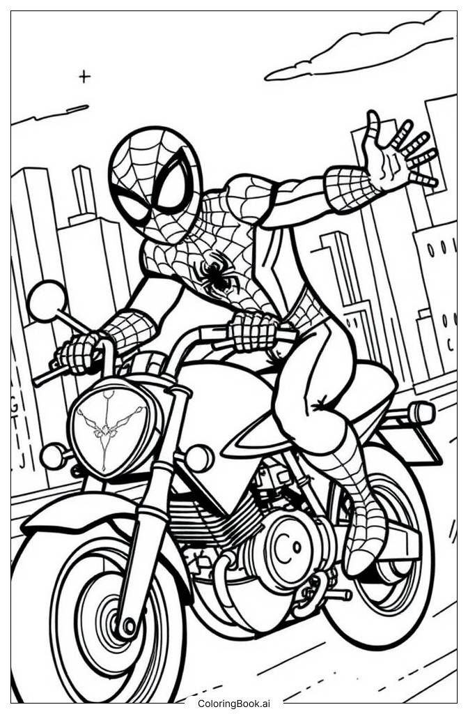  Spider-Man auf dem Motorrad Ausmalseite 